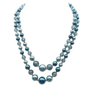 Vintage Multi Strand Blue & Clear Beaded Necklace with Gold Tone Hook Clasp, Gra